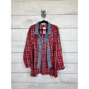 Impressions Women's Red Purple Plaid Denim Trim Flannel Shirt Size XL